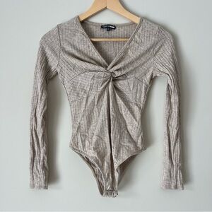 Fashion Nova Ribbed Long Sleeve Front Twist Beige Bodysuit - Size Small